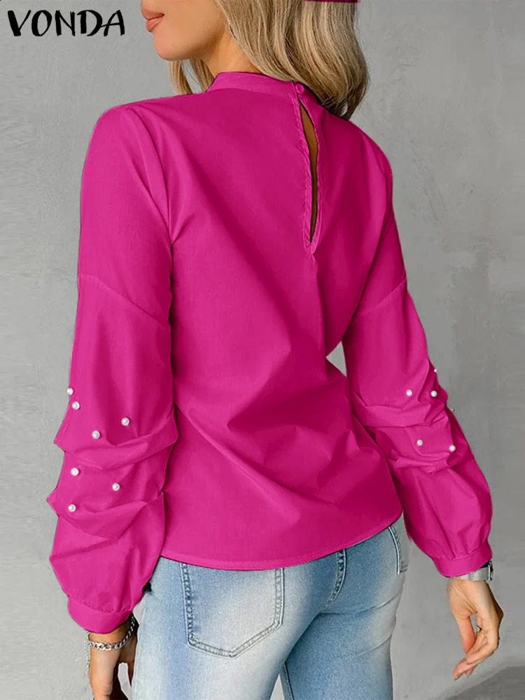 VONDA Women Ruffled Tops Elegant Long Sleeve Blouses Casual Solid Color Blusas Female Stand Collar Shirts Oversized Tunics 250102