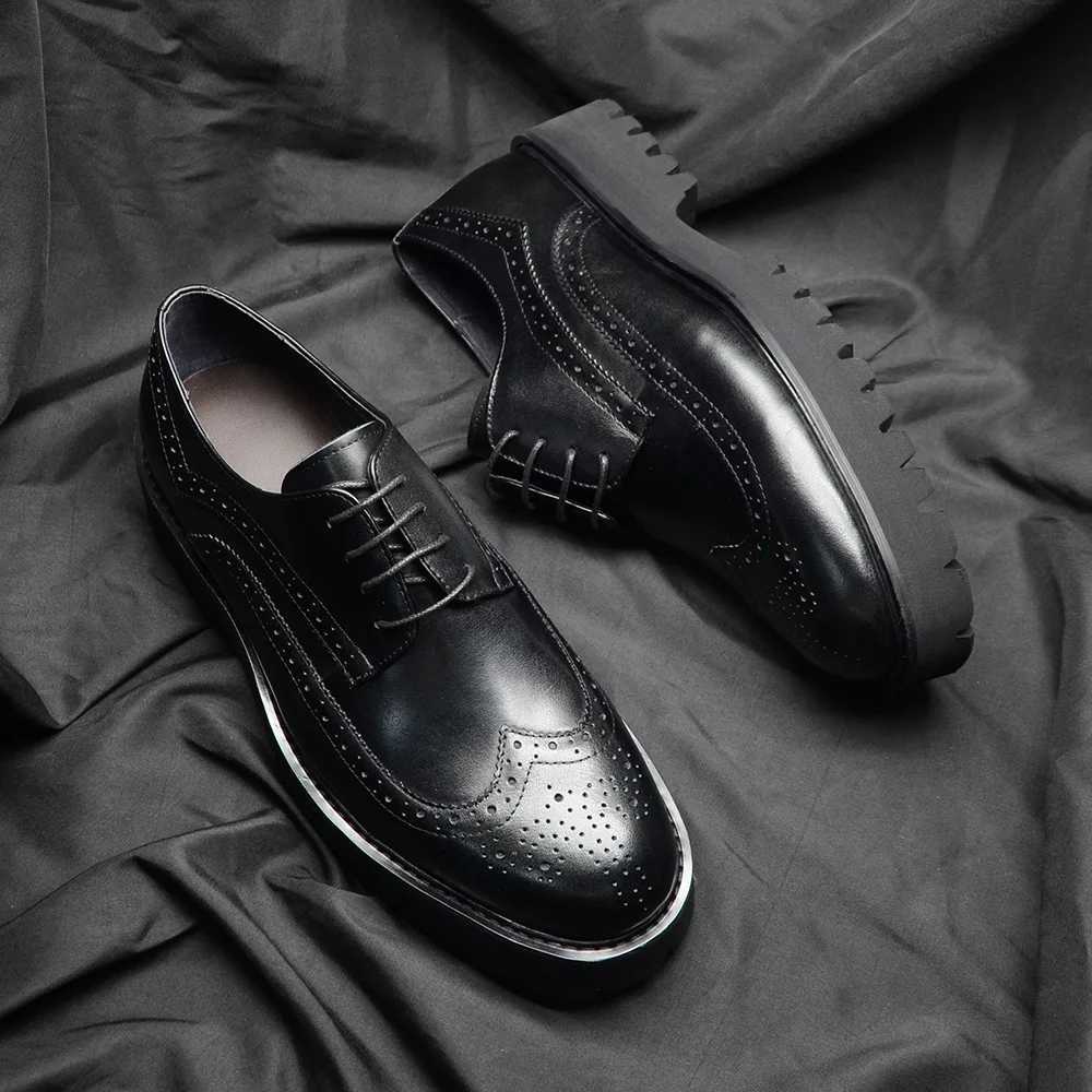 Soft Chunky Sole Mens Derby Dress Shoes Genuine Leather Brogue Wingtip Oxfords Style Casual Business Elevator Shoes Modern ManXJ250113