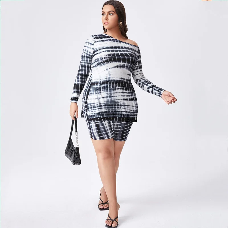 Plus Size Tie Dye Summer Spring Fashion Two Piece Set Outfits Oblique Neck Long Sleeve Top Blouse And Biker Shorts 6XL y250122