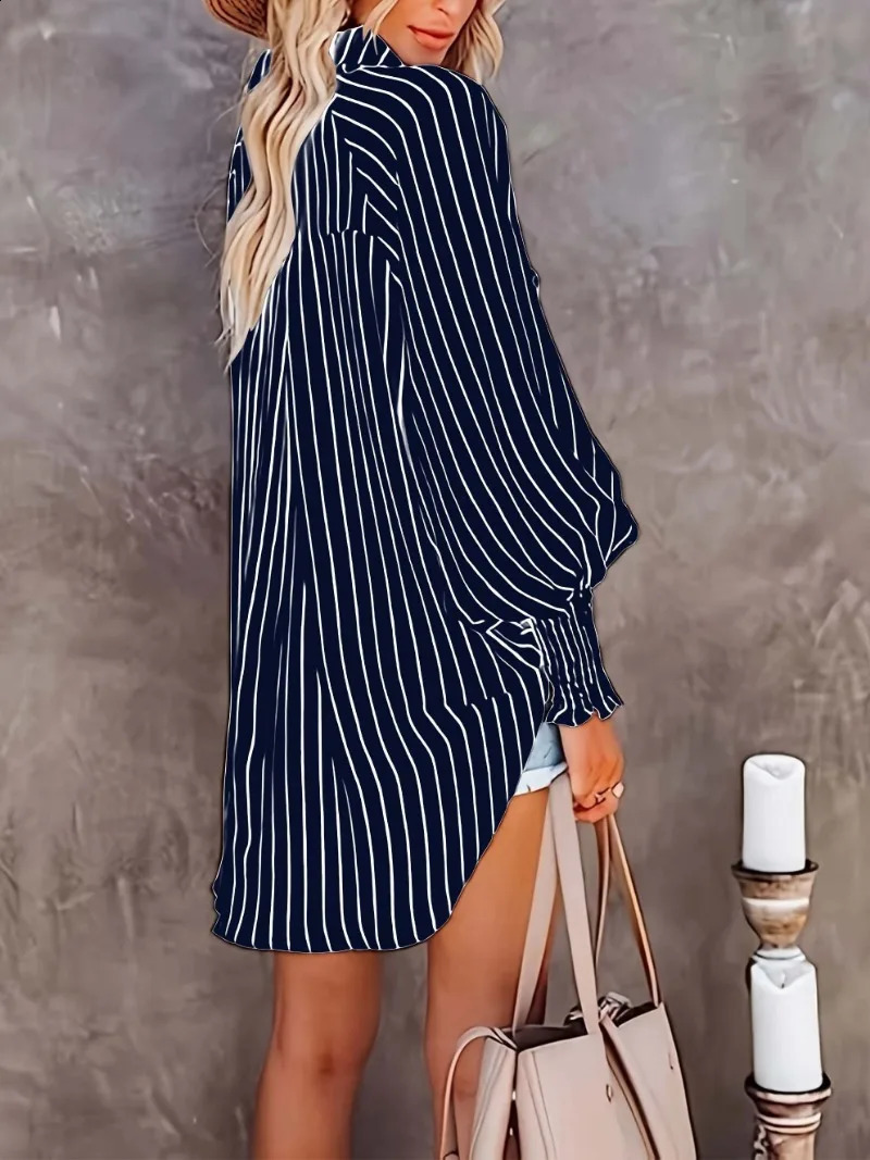 Plus Size 1XL5XL Womens Button Long Sleeved Shirt Vneck Striped Top Casual Fashion Breathable 250102