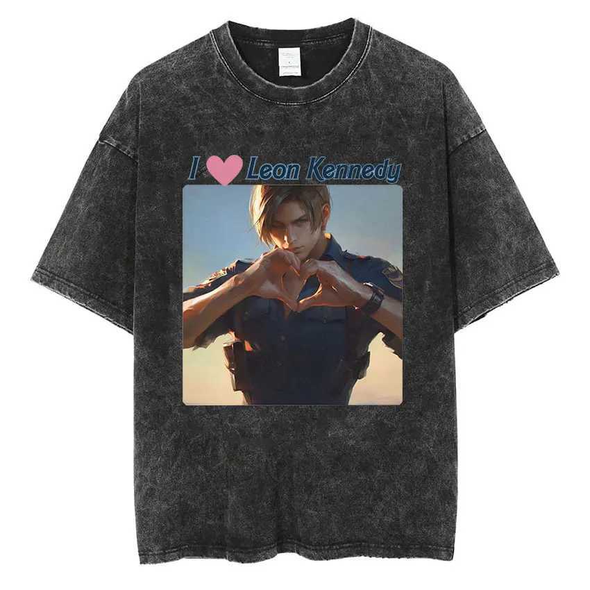 Vintage Washed Leon S Kennedy Resident Evil 4 T Shirt Mens Gothic Punk Short Sleeve T-Shirts Fashion Harajuku Oversized T-shirt X25011312