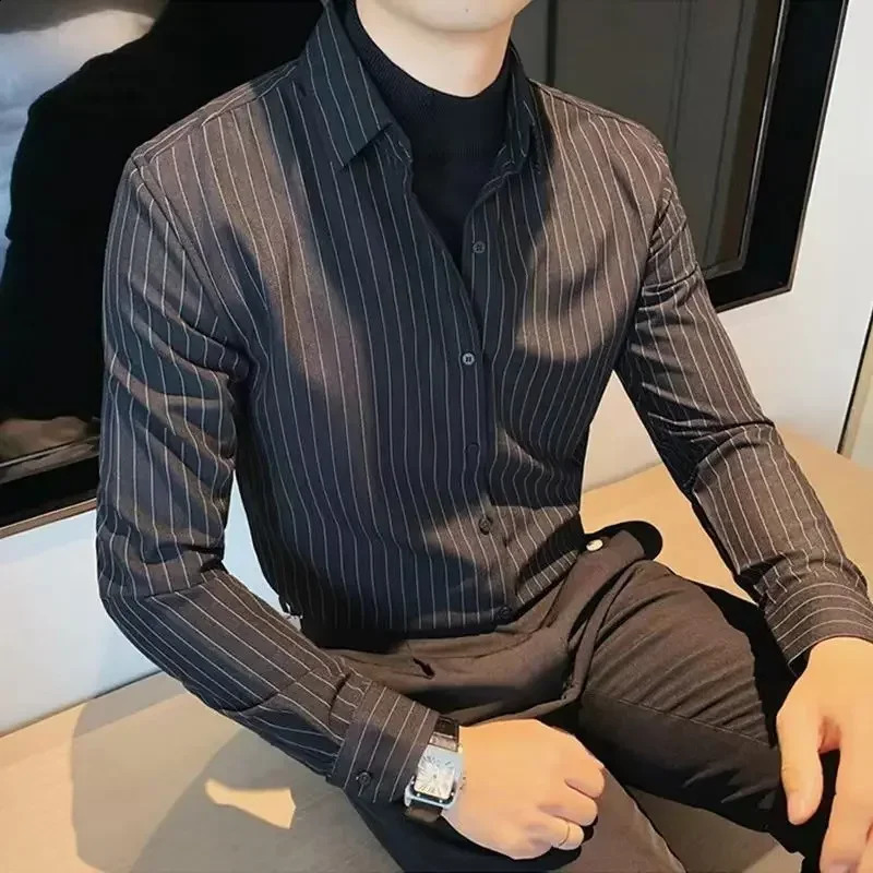 Male Top Striped Mens Shirt And Blouse Black Clothes Formal Business Stylish In Original Casual Asia Elegant 250108