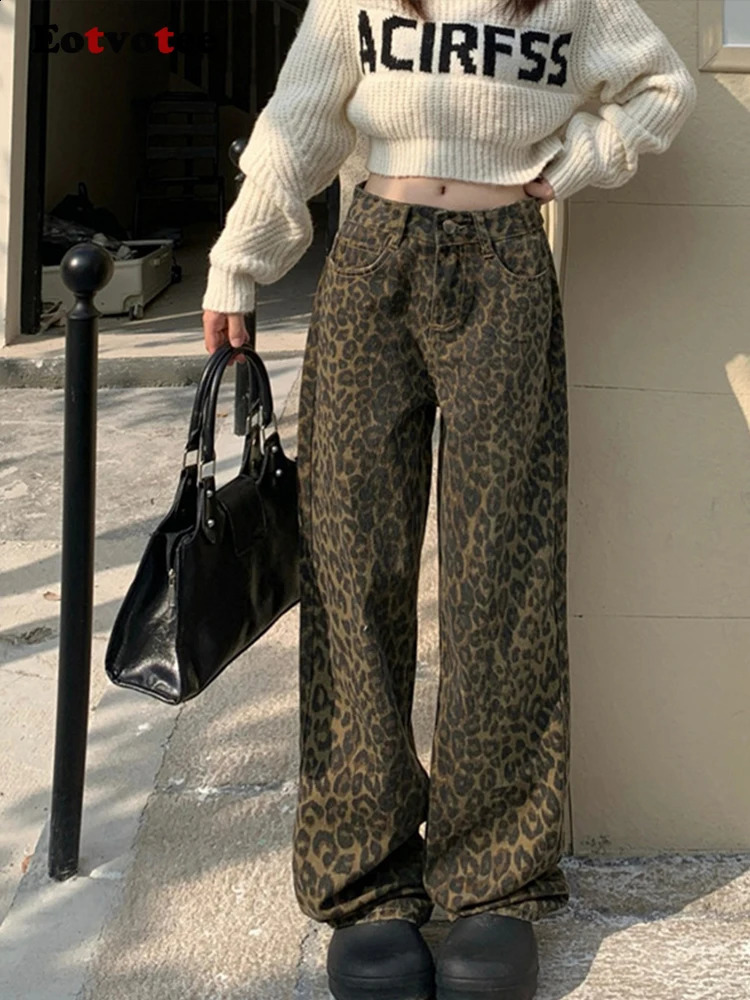 EOTVOTEE American Casual Leopard Straight Pants Jeans for Women High Waist Loose Button Y2k Wide Leg Pants Women Jeans 250113