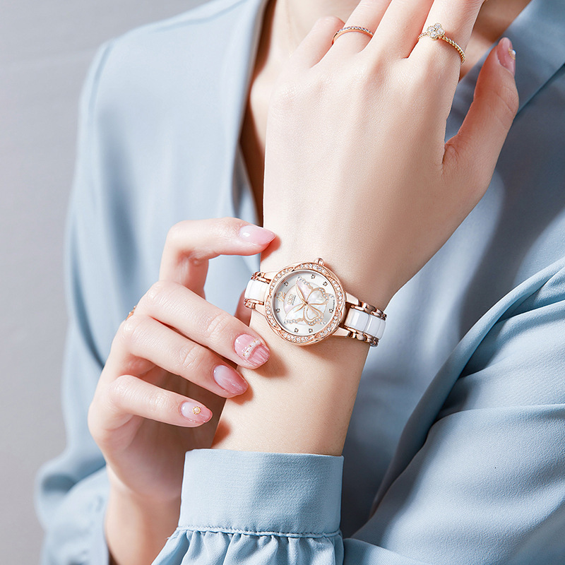 Women's Elegant Ceramic Strap Watch with Butterfly Design