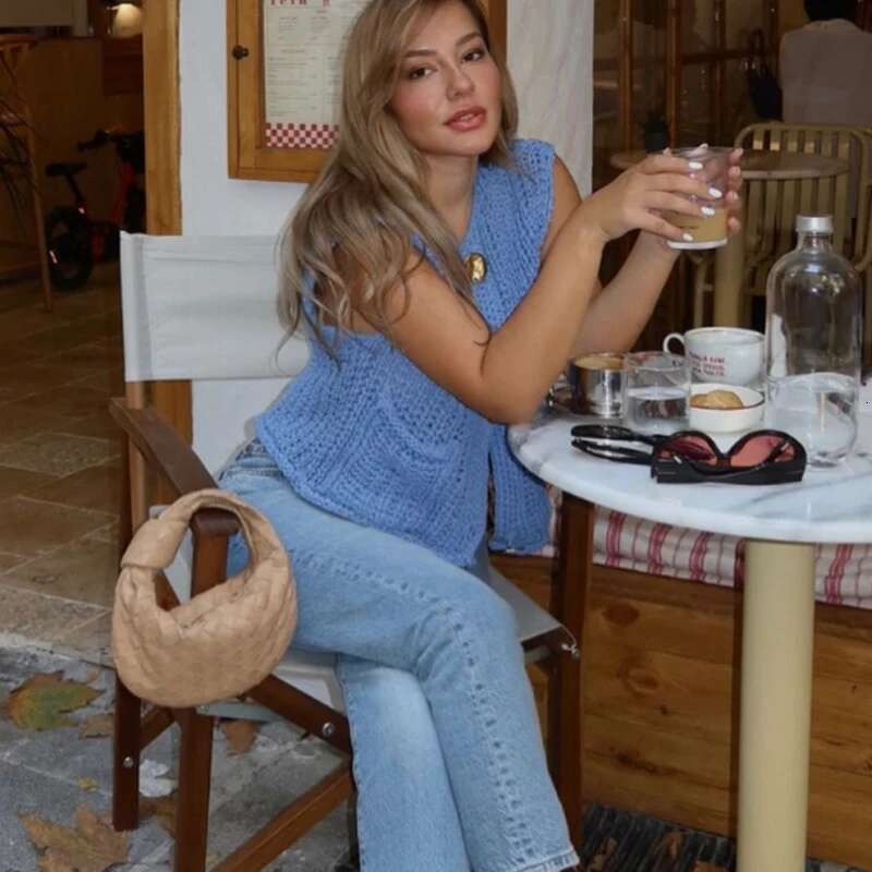 TRAF Sweater Women Knitted Sleeveless Cropped Knitwears Autumn Cut Out Crochet Vest Woman Outerwears Casual Knit Waistcoat