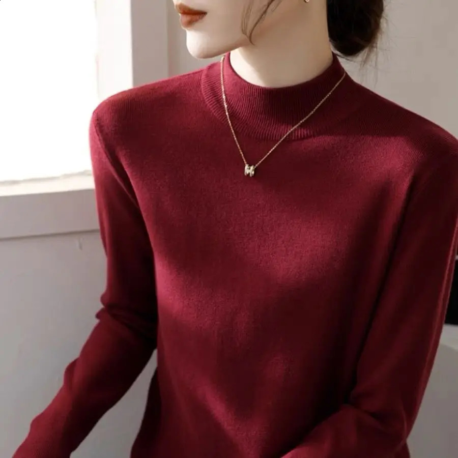 Screw Thread Womens Clothing Solid Color Long Sleeve Sweater Knitted Half High Collar Casual Autumn Winter Allmatch Tops 250113