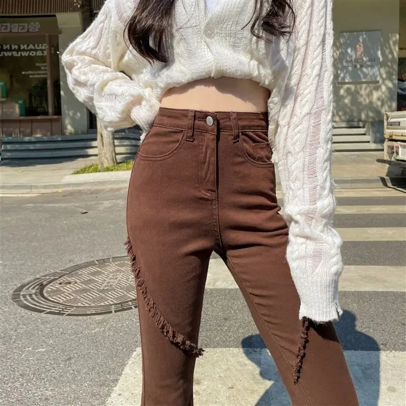 Coffee Colored Fringed Split Jeans for Women High Waisted ElasticTight Fit Slim Floor Length Pants 250106