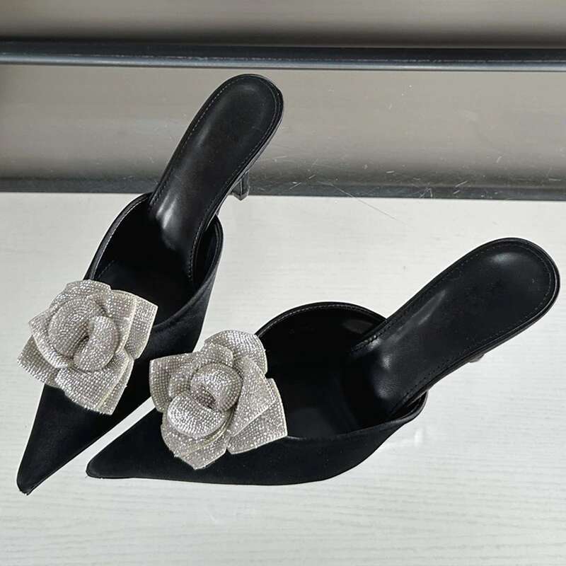 Eilyken Designer CRYSTAL Wer Silk Pointed Toe Women Slippers Fashion Thin Heels Party Dress Ladies Mule Shoes