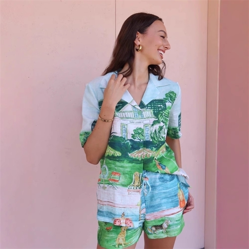 Women Tracksuits Two Pieces Set 2025 New Fashion Versatile Linen Graffiti Set Sportwear