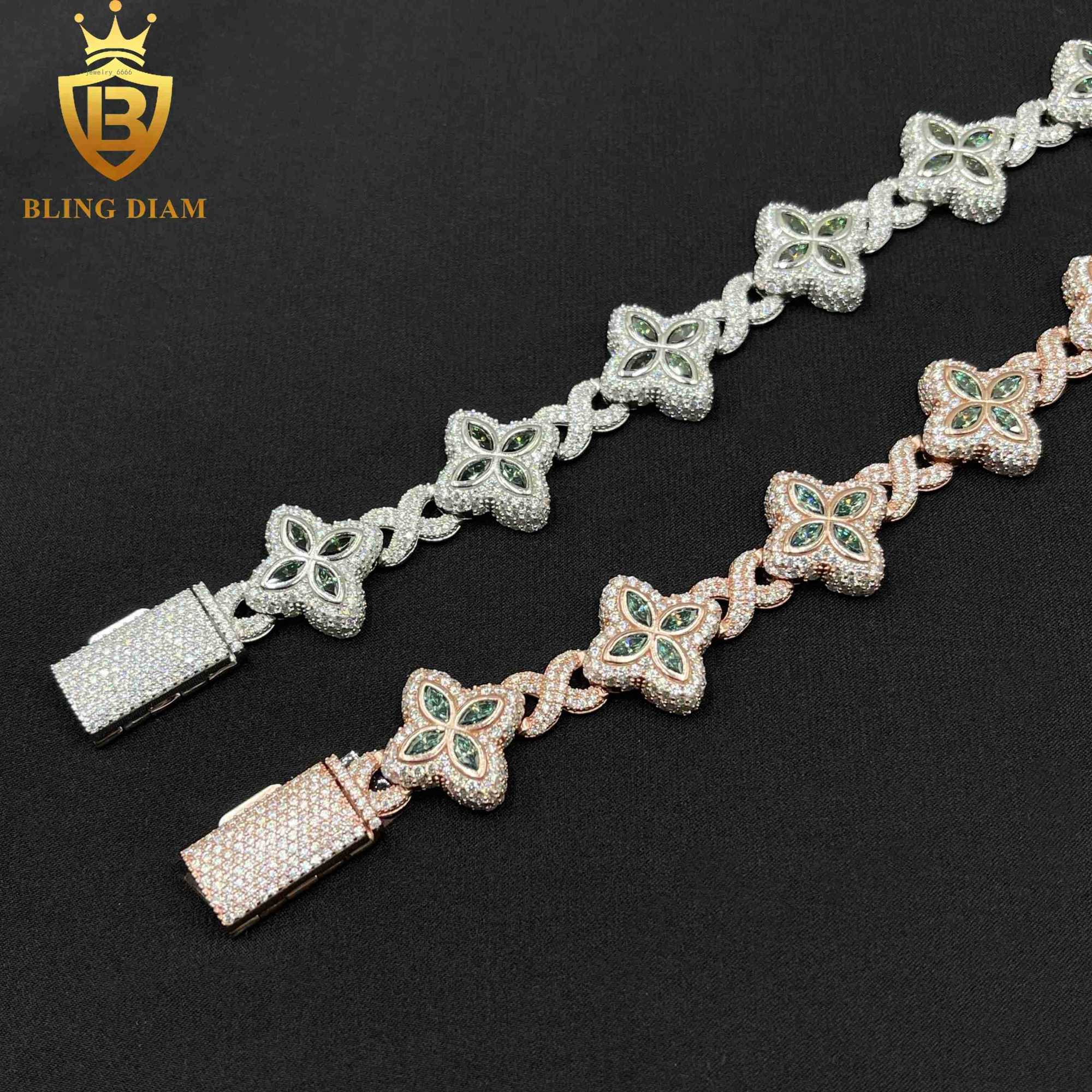 Hot Selling Design Hip Hop Jewelry Iced out Marquise Cuban Link Chain VVS Moissanite Four-Leaf Clover 18MM Bracelet