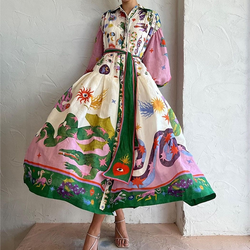 2025 Womens Lantern Sleeve Printed Lapel Waist Cinched Long Sleeved Big Swing Dress for Women