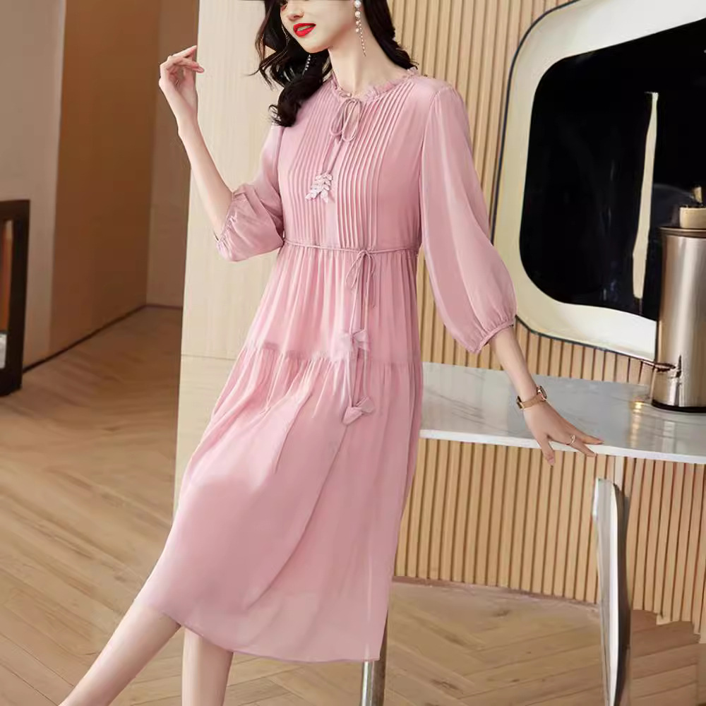 L7120 Mulberry silk dress women summer 2024 new three-quarter sleeve French large size loose silk dress