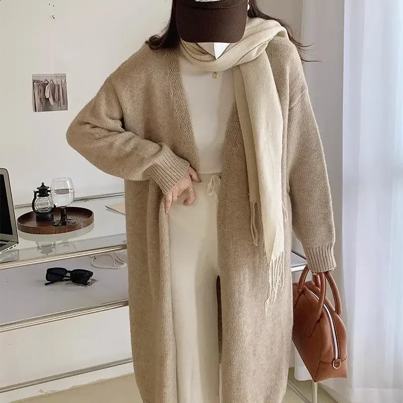 minimalist and versatile autumn long knitted cardigan for women with a lazy style over the knee Vneck thick sweater jacket 250113