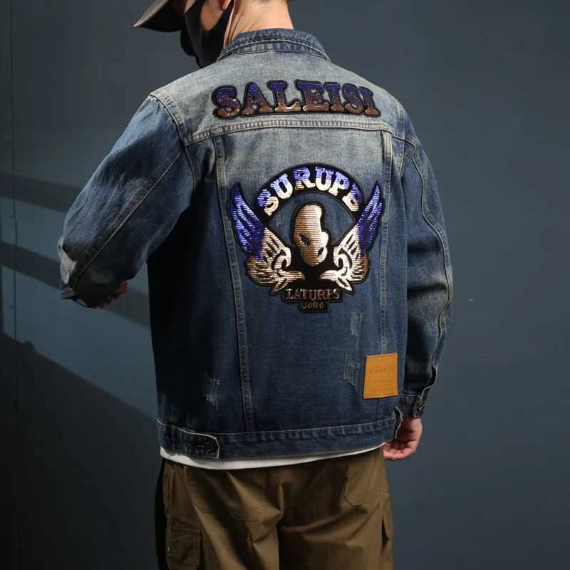 2024 New embroidered denim jacket MENS FASHION straight tube loose trendy brand washed retro workwear casual versatile top X250113