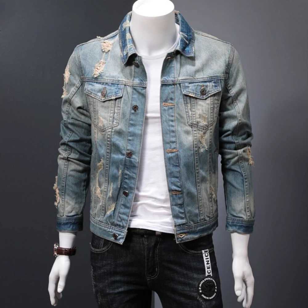 Short Male Jean Coats with Hole Blue Ripped Casual Slim Mens Denim Jacket Autumn of Fabric Japanese Retro Low Cost Fashion Rock X250113