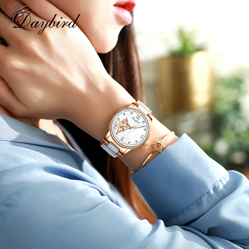 New Hollow out Mechanical Night Glow Ceramic Clover Women's Watch Temperament Waterproof