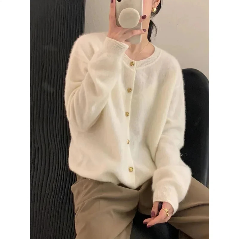 Raccoon Fur Round Neck Knitted Cardigan Womens Early Autumn Layered High-End Feel Loose-Fit Lazy Base Sweater Jacket 250113