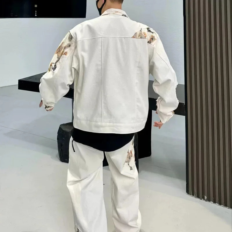 Unique Fire Burning Splicing Denim Suit Mens American Style Cropped Jacket Straight-Leg Trousers 2-Piece Set Casual Styl 250109