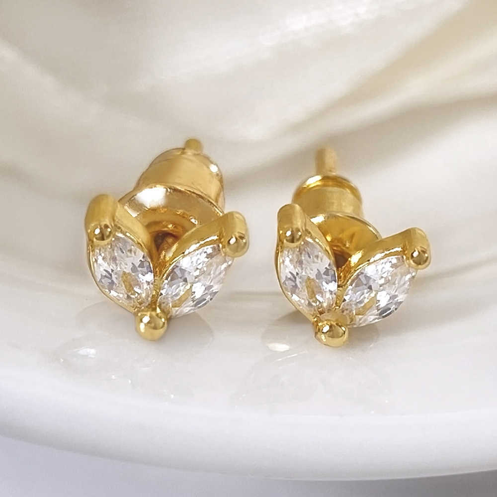 Korean Trendy Designer 18K Gold Plated Waterproof Tiny Cubic Zirconia Leaf Stud Earrings