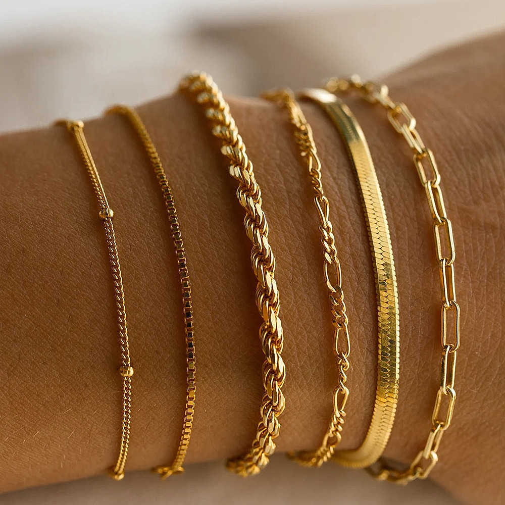 LATS 6Pcs Gold Bracelet Set Bohemian Vintage Thick Twisted Cuban Chain Bracelet 2024 Womens Fashion High Quality Jewelry Gift W240925
