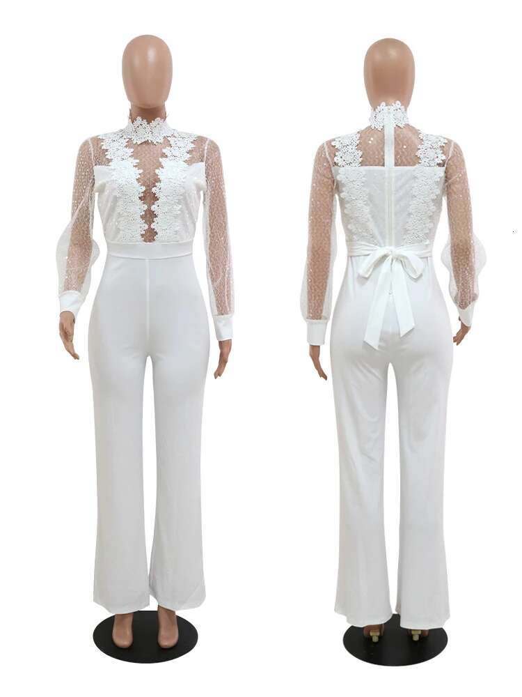 Idress Women Sequin Lace Jumpsuit Elegant Long Sleeve Wide Leg Pants Sexy See Through Evening Party Outfits Jumpsuits With Belt