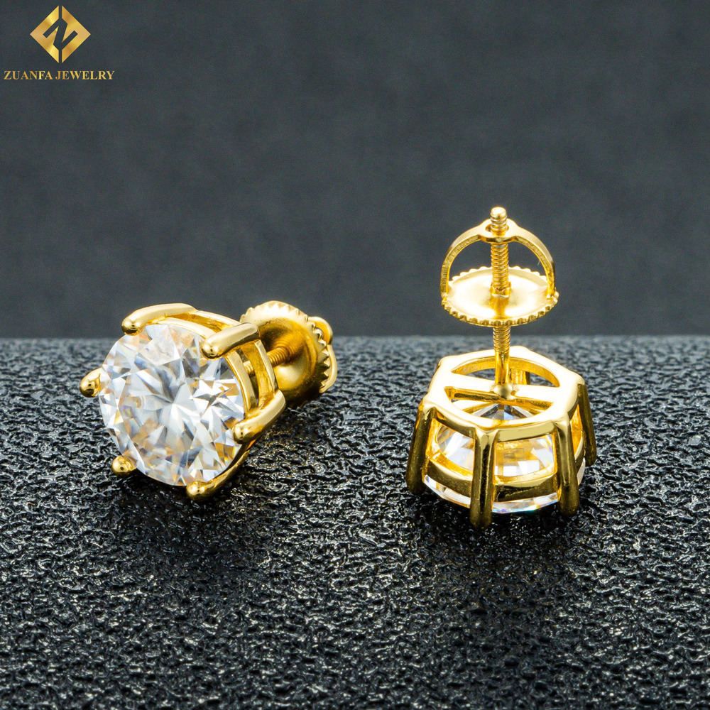 Ready to ship Zuanfa jewelry Round shape VVS GRA Certificate Moissanite dia sterg sier Screw Back Stud hip hop Earrings