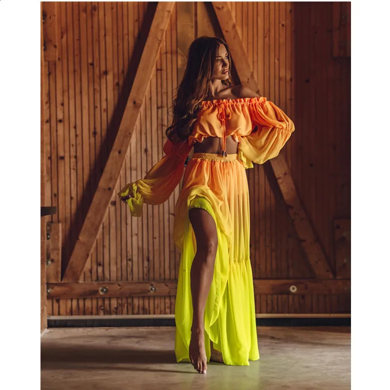 Women Long Sleeve Bikinis Cover ups Swim Long Cover up Tie-Up Crop Tops High Waist Long Skirt Kaftan Beach Tunic Dress 250109