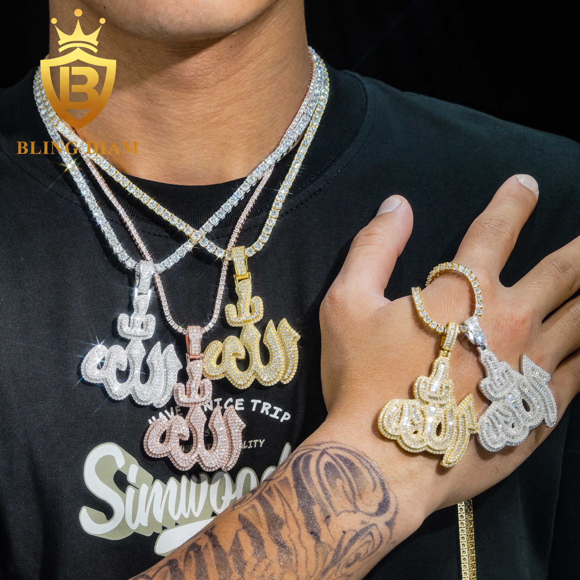 Street Jewelry Hip hop Moissanite diamond pendant 925 soild Silver Pass Diamond Tester allah pendant for tennis chain