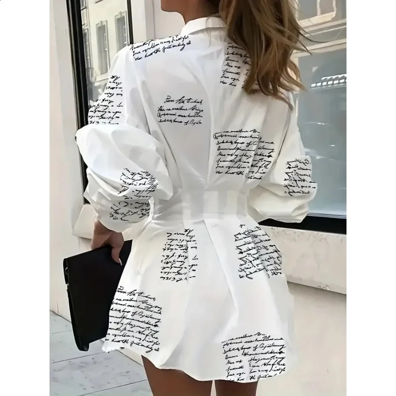 Plus Size 1XL5XL Women Fashionable Printed Waistband Shirt with Lantern Sleeves Ladies Casual Blouse Long Sleeve 250102