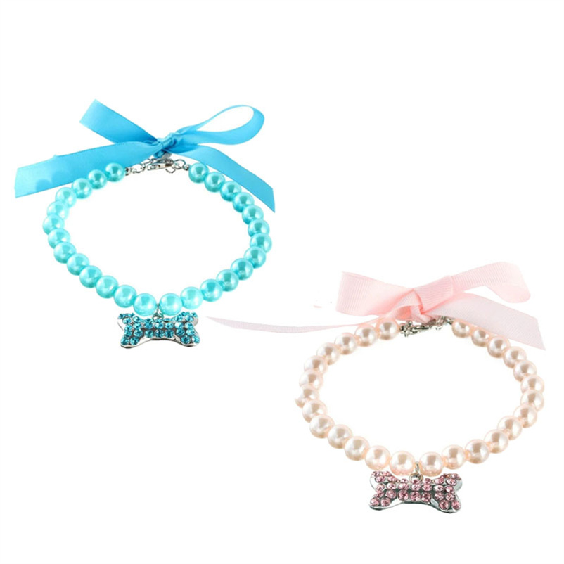 Princess Dog Cat Pearls Necklace Collar with Rhinestones Charm Pet Puppy Jewelry Female Puppy Chihuahua Yorki