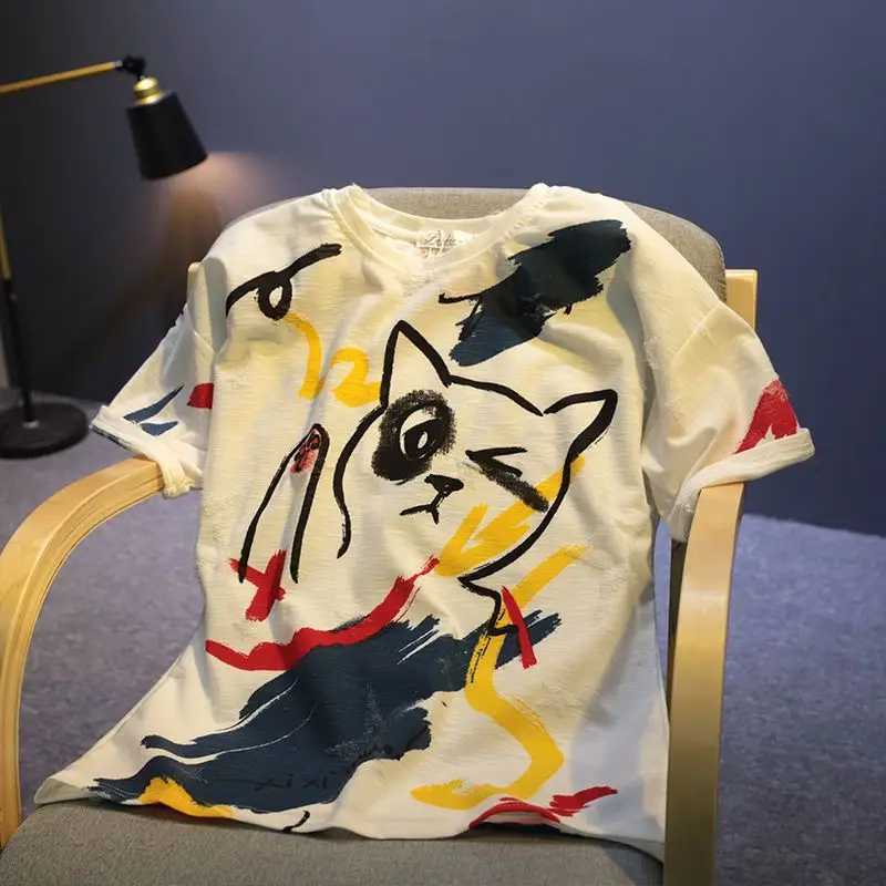 Summer New Fashion Printing T-Shirts Man Round Neck Casual Short Sleeve Pullovers Pure Cotton Loose Y2K All-match Vintage Tops X250113