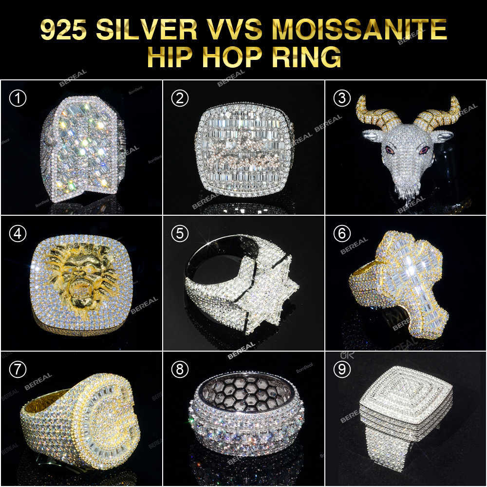 Wholesale Vvs Moissanite Hip Hop Letter Ring Iced Out Baguette Cut Gold Plated 925 Silver Fine Jewelry Rings For Men Women