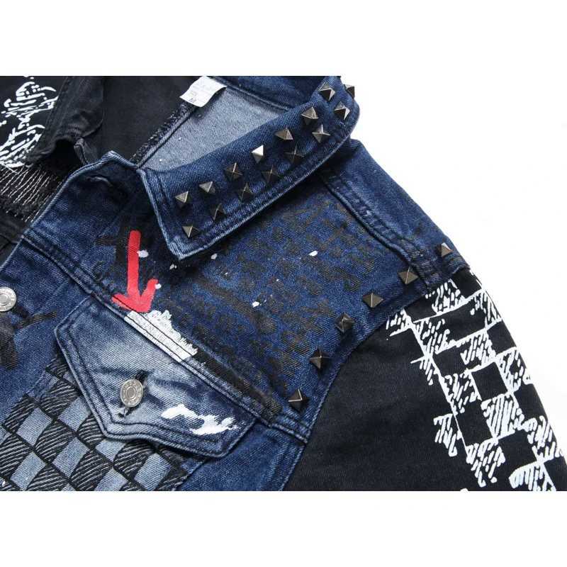 Y2K Street Graffiti Mens Denim Jacket High-end Fashion Personalized Spray Paint Printed Jacket Black Casual Loose Denim Top X250113
