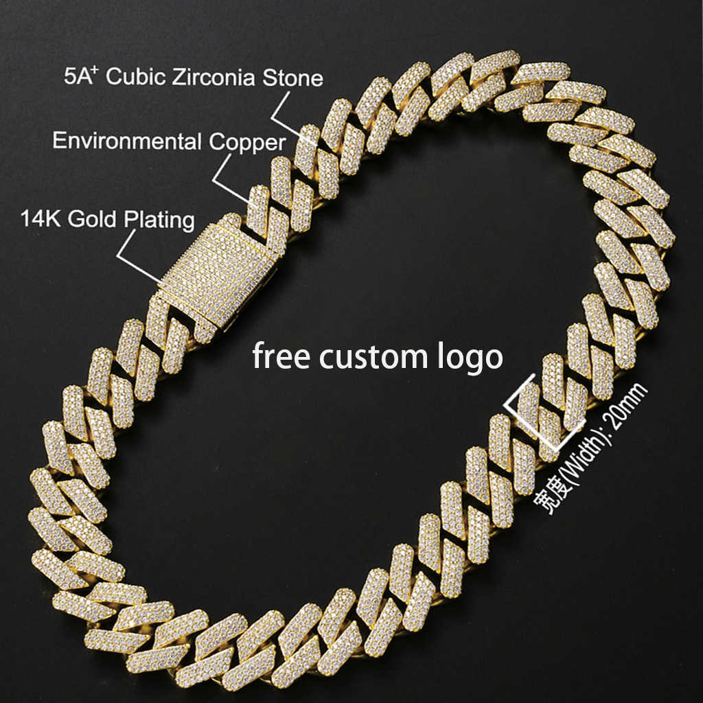 Hip Hop Fine Jewelry Men 20mm Chunky Miami Cuban Chain Cubic Zircon Brass 14k Gold Plated Thick Prong Cuban Link Chain Necklace