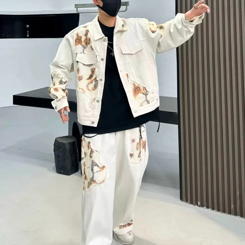 Unique Fire Burning Splicing Denim Suit Mens American Style Cropped Jacket Straight-Leg Trousers 2-Piece Set Casual Styl 250109