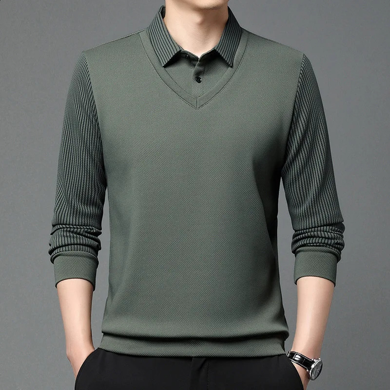 Spring Autumn Long Sleeved Two Piece Mens Clothing Casual Collar Bottom Shirt Simplicity Allmatch Korean Trend Tops 250113