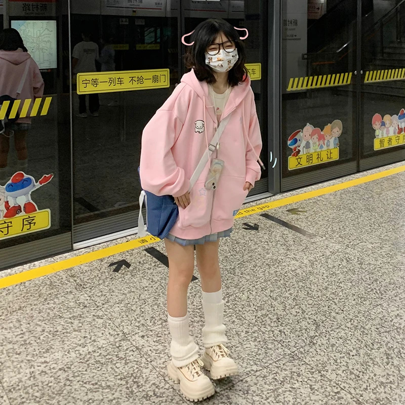 Harajuku Pink Kawaii Women Hoodies Sweet Cartoon Loose Zipper Female Sweatshirts Japanese Style Ladies Hooded Jacket 250113