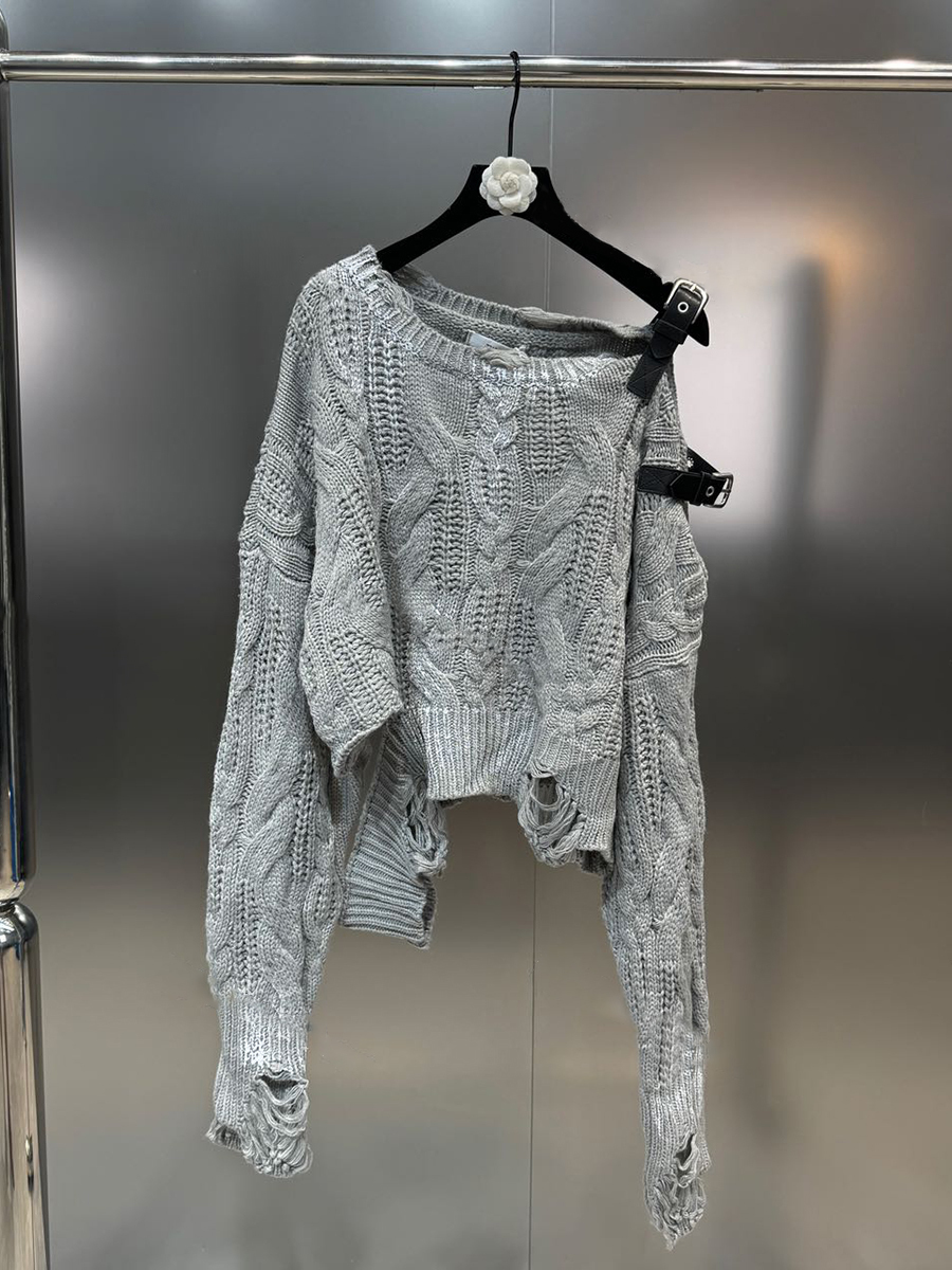 VGH Hit Color Hollow Out Loose Knit Sweater For Women Round Neck Long Sleeve Spliced Belt Pullover High Street Sweaters Female