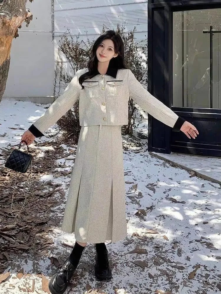 Womens French Style Thickened Cotton Woolen Suit Skirt Set Retro Contrasting Collar Woolen Jacket Pleated Skirt Two-piece Set 250113