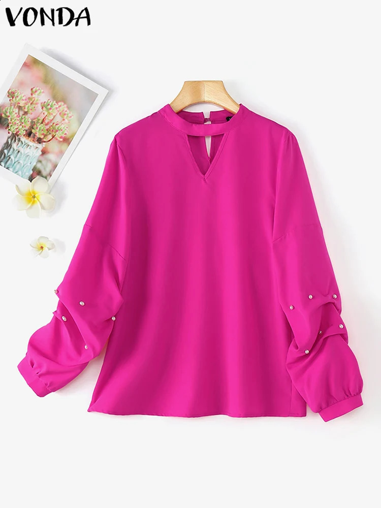 VONDA Women Ruffled Tops Elegant Long Sleeve Blouses Casual Solid Color Blusas Female Stand Collar Shirts Oversized Tunics 250102
