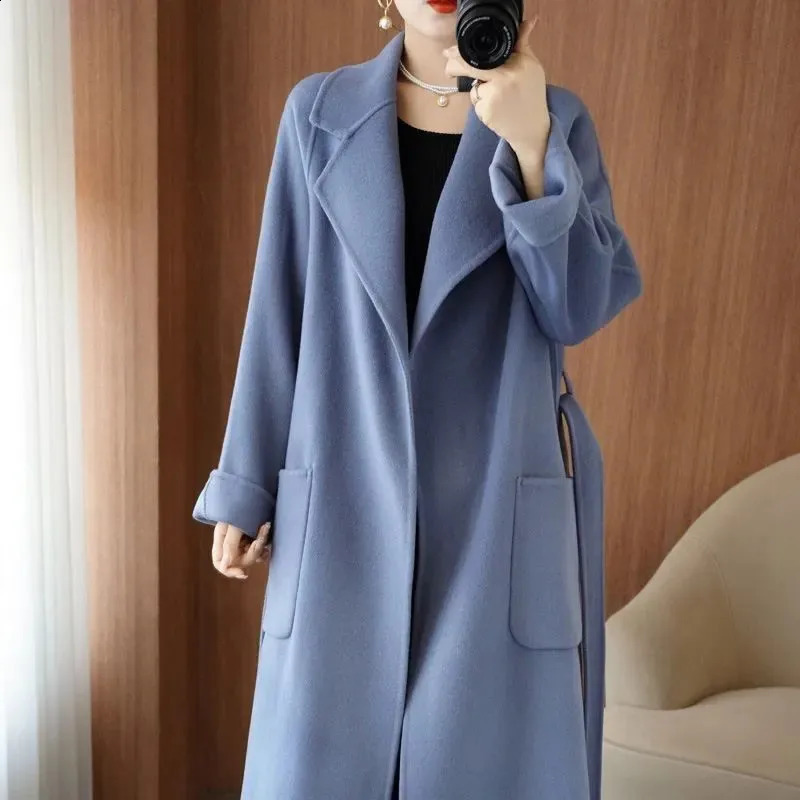 100% Pure Wool DoubleSided Cashmere Coat Women Winter MidLength Loose Fashion Pockets Woolen Jacket Female Overcoat B551 250102