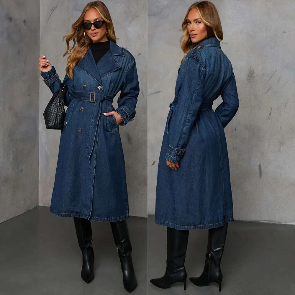 Long Denim Trench For Women Belt On Waist Slim Coats Streetwear Spring Fall Ladies Blue Jean Jacket Woman