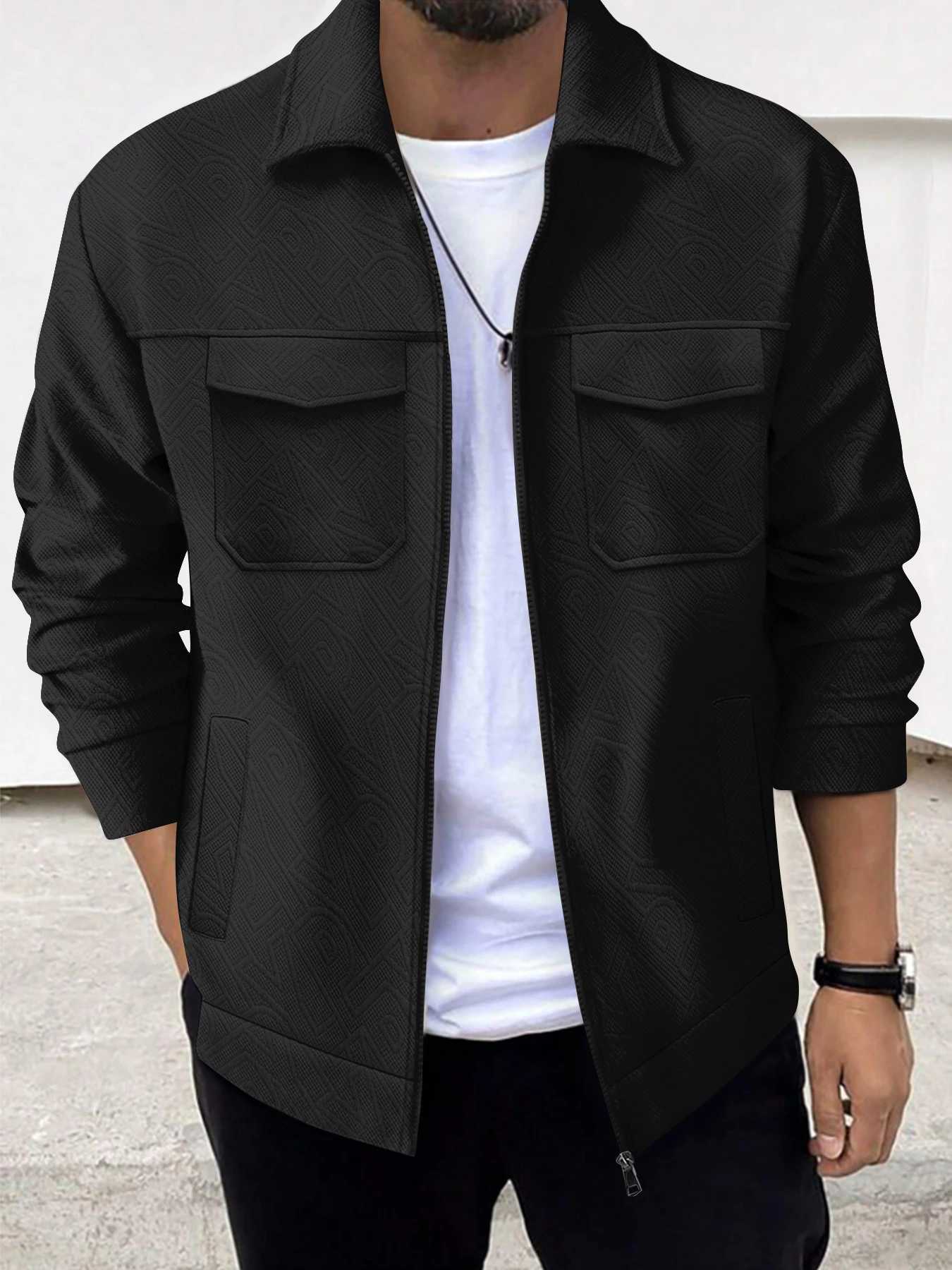 Autumn and winter new mens business casual jacket trend fashion solid color lapel pocket zipper thick long-sleeved top X250113