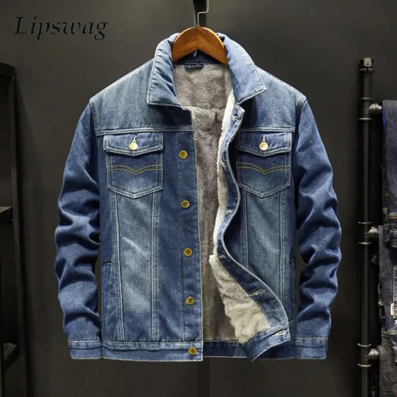 Fall Winter Fleece Liner Denim Jackets Mens Vintage Buttonup Turndown Collar Jean Coats For Men Streetwear Fashion Outerwear 250110