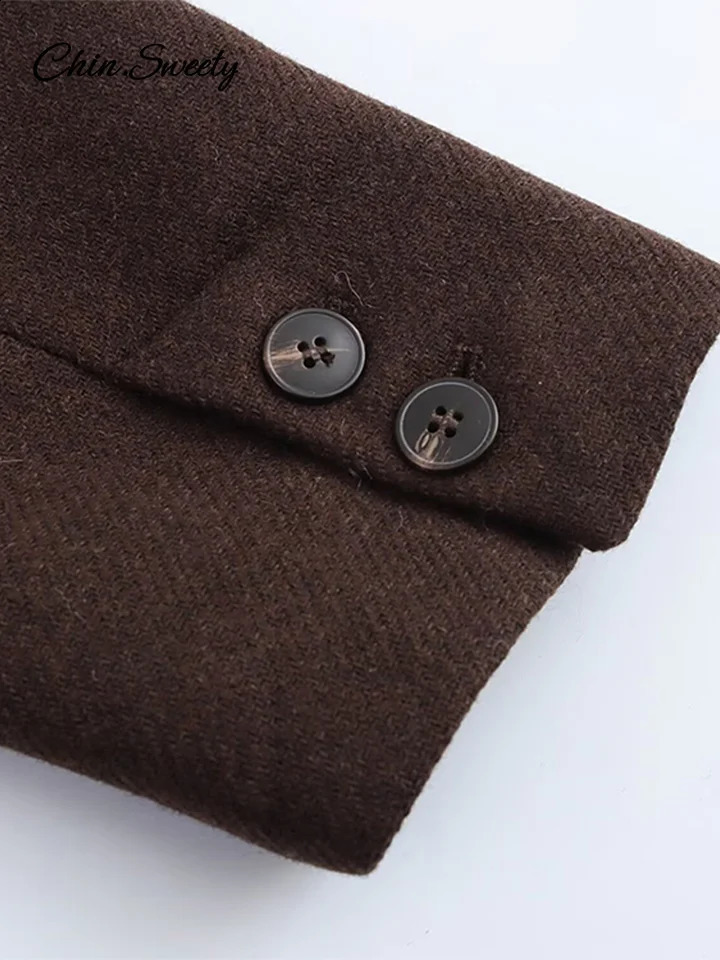 Fashion Woolen Long Coat Women Brown Single Breasted Sleeve Lapel Loose Jacket Female Spring High Street Outerwear 250102