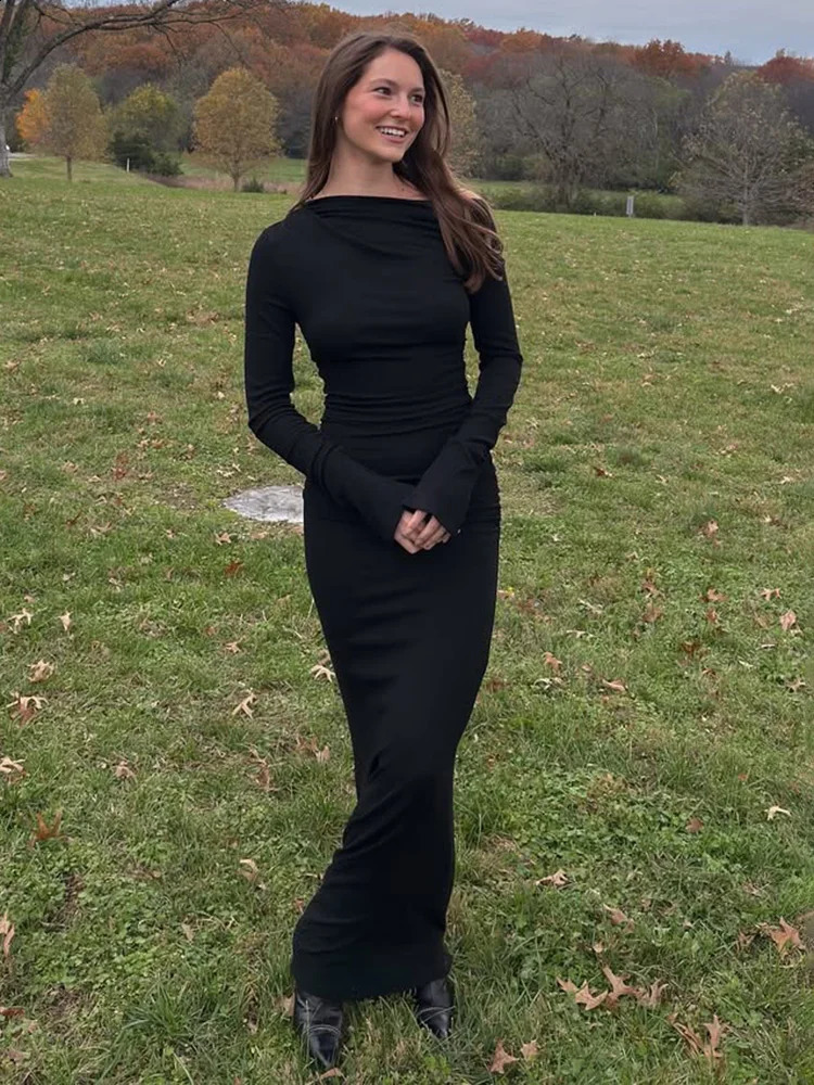 TARUXY White Skew Collar Long Sleeve Maxi Dress For Women Autumn Winter Bodycon Elegant Party Dress Female High Waist 250109