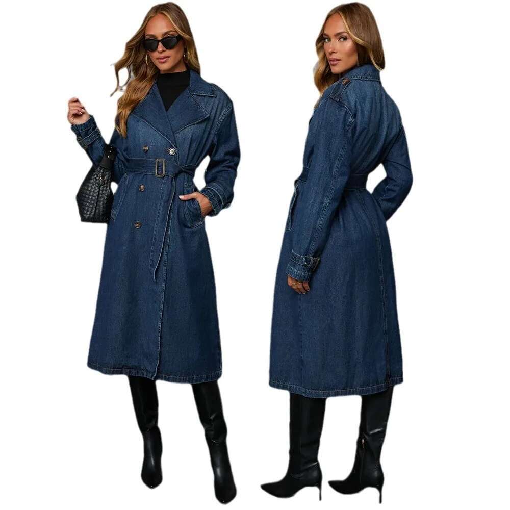 Long Denim Trench For Women Belt On Waist Slim Coats Streetwear Spring Fall Ladies Blue Jean Jacket Woman