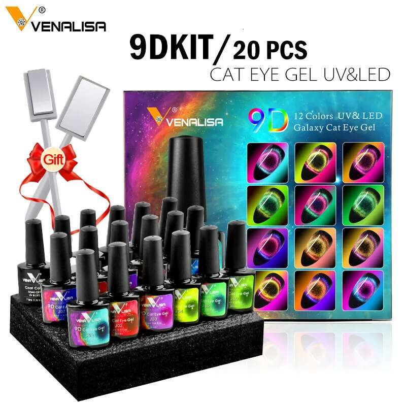 20pcs/kit New 9D Galaxy Cat Eye Set Box Venalisa Magic Glitter Nail Polish Magent Topcoat Base Coat Gel Magnetic Tool