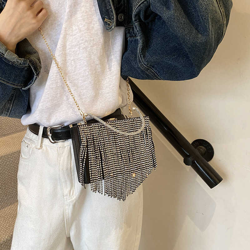 2024 Women's Bag New Fashionable Water Diamond Tassel Texture Single Shoulder Chain Handheld Box Trendy 250113