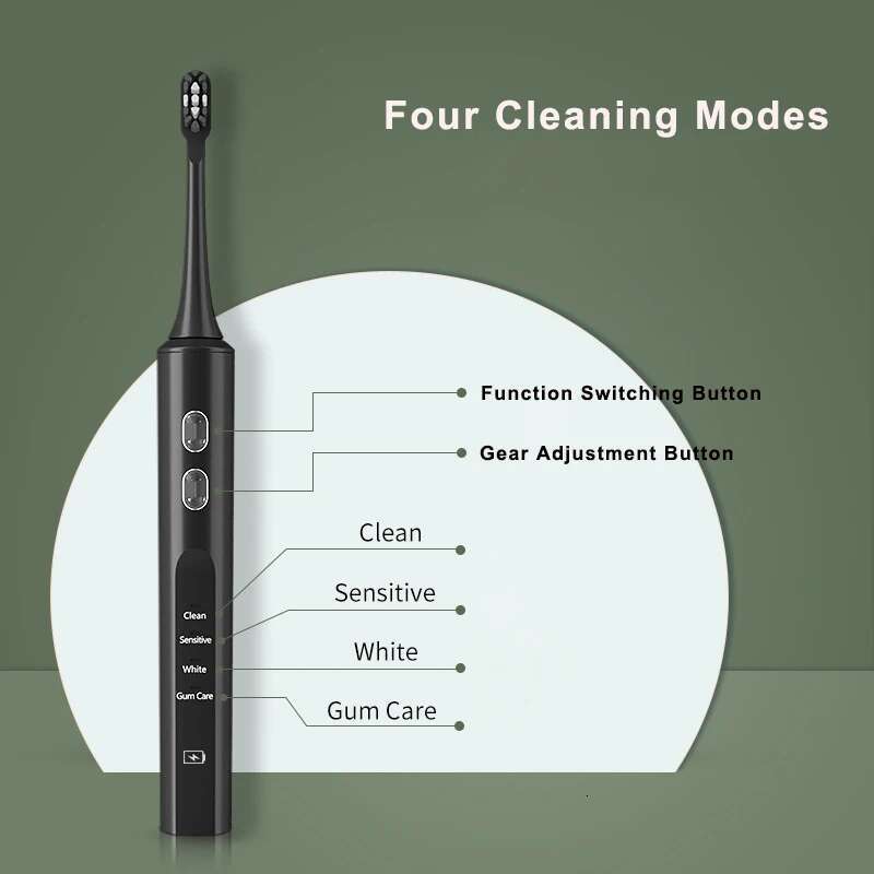 Electric Sonic Toothbrush Rechargeable for Adults 4-Speed Modes Ultrasonic Electronic Tooth Brushes with 2 Replacement Head IPX7